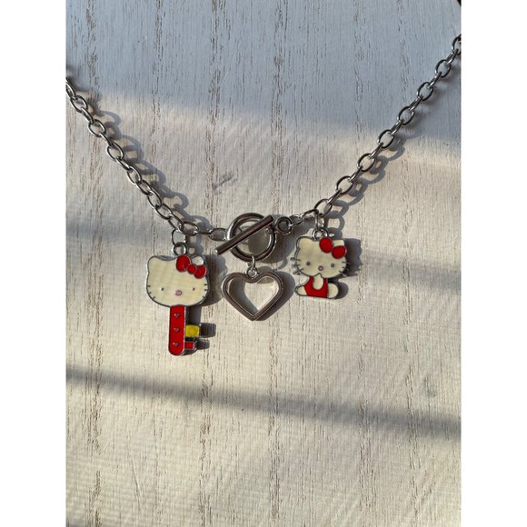 Silver hello kitty red charm heart choker necklace - Picture 3 of 6